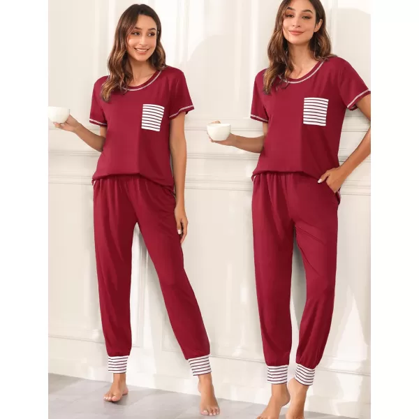 SWOMOG Womens Pajama Set Modal Striped Round Neck Top Pj Pants with Pockets LoungewearWine Red