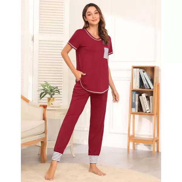 SWOMOG Womens Pajama Set Modal Striped Round Neck Top Pj Pants with Pockets LoungewearWine Red