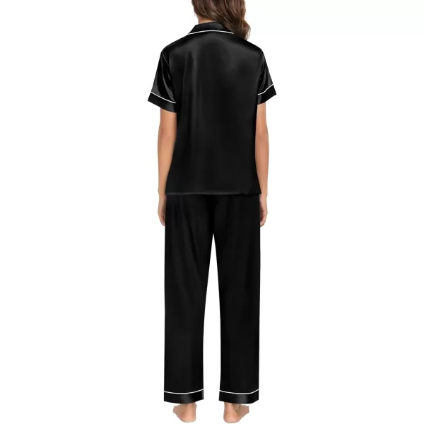 SWOMOG Womens Pajama Sets Silk Satin Sleepwear Short Sleeve and Long Pants Pjs Set Soft Loungewear Classic PajamasBlack