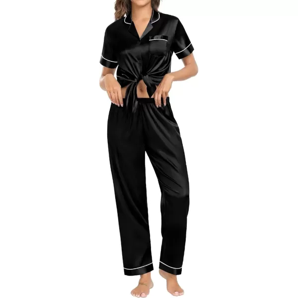 SWOMOG Womens Pajama Sets Silk Satin Sleepwear Short Sleeve and Long Pants Pjs Set Soft Loungewear Classic PajamasBlack