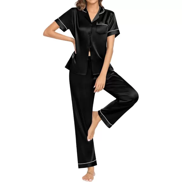 SWOMOG Womens Pajama Sets Silk Satin Sleepwear Short Sleeve and Long Pants Pjs Set Soft Loungewear Classic PajamasBlack