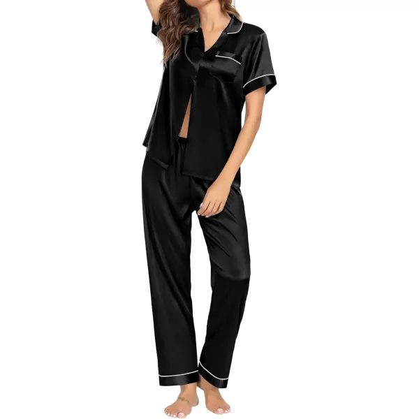 SWOMOG Womens Pajama Sets Silk Satin Sleepwear Short Sleeve and Long Pants Pjs Set Soft Loungewear Classic PajamasBlack