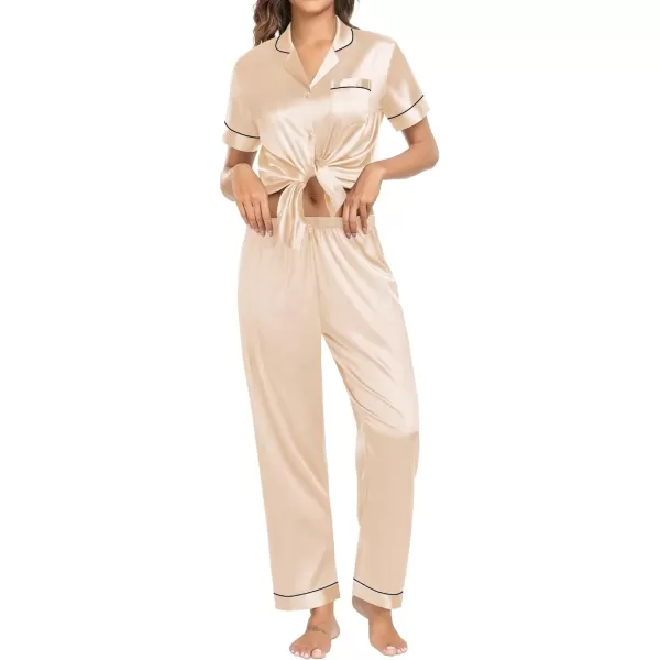 SWOMOG Womens Pajama Sets Silk Satin Sleepwear Short Sleeve and Long Pants Pjs Set Soft Loungewear Classic PajamasChampagne