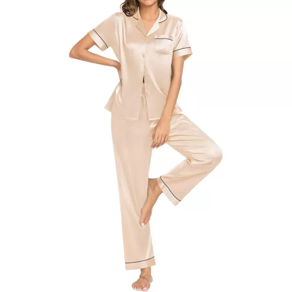 SWOMOG Womens Pajama Sets Silk Satin Sleepwear Short Sleeve and Long Pants Pjs Set Soft Loungewear Classic PajamasChampagne