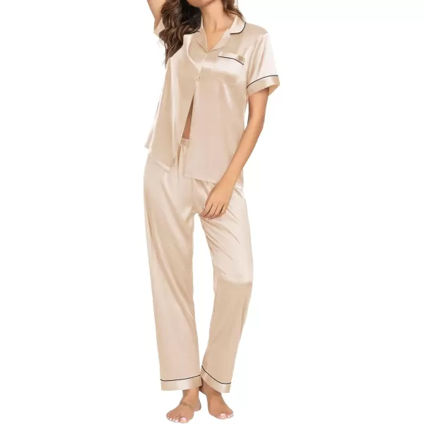 SWOMOG Womens Pajama Sets Silk Satin Sleepwear Short Sleeve and Long Pants Pjs Set Soft Loungewear Classic PajamasChampagne