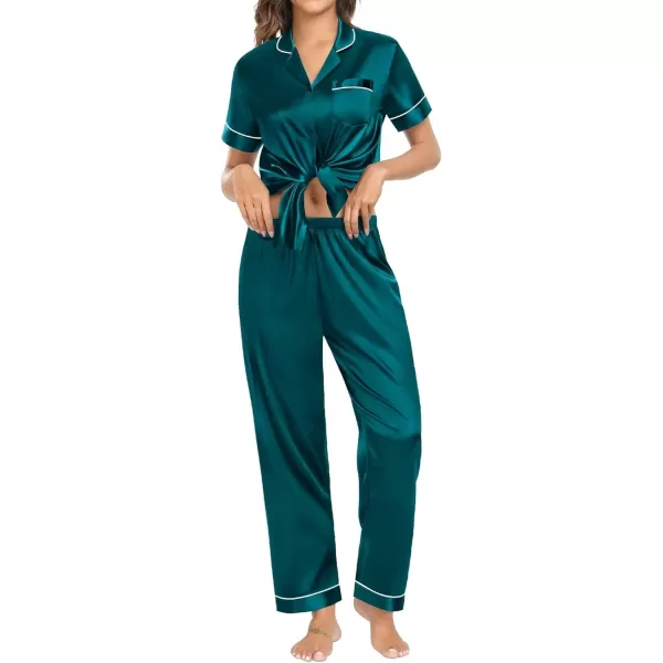 SWOMOG Womens Pajama Sets Silk Satin Sleepwear Short Sleeve and Long Pants Pjs Set Soft Loungewear Classic PajamasDeep Green