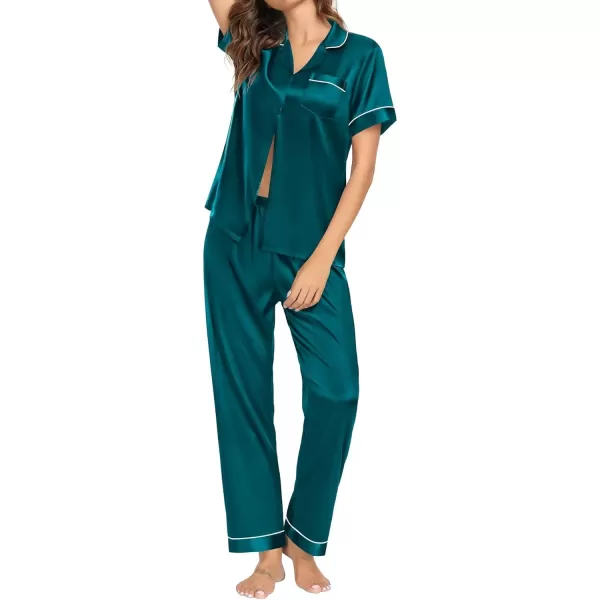 SWOMOG Womens Pajama Sets Silk Satin Sleepwear Short Sleeve and Long Pants Pjs Set Soft Loungewear Classic PajamasDeep Green