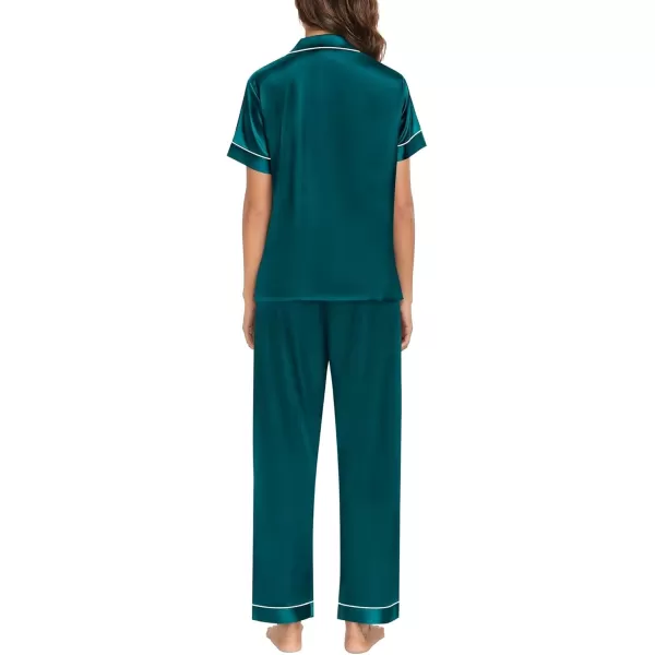 SWOMOG Womens Pajama Sets Silk Satin Sleepwear Short Sleeve and Long Pants Pjs Set Soft Loungewear Classic PajamasDeep Green