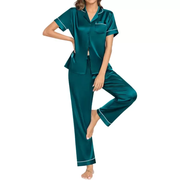 SWOMOG Womens Pajama Sets Silk Satin Sleepwear Short Sleeve and Long Pants Pjs Set Soft Loungewear Classic PajamasDeep Green