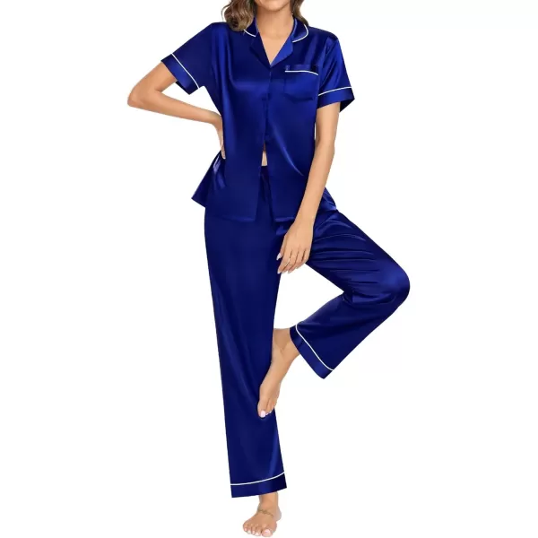 SWOMOG Womens Pajama Sets Silk Satin Sleepwear Short Sleeve and Long Pants Pjs Set Soft Loungewear Classic PajamasNavy Blue