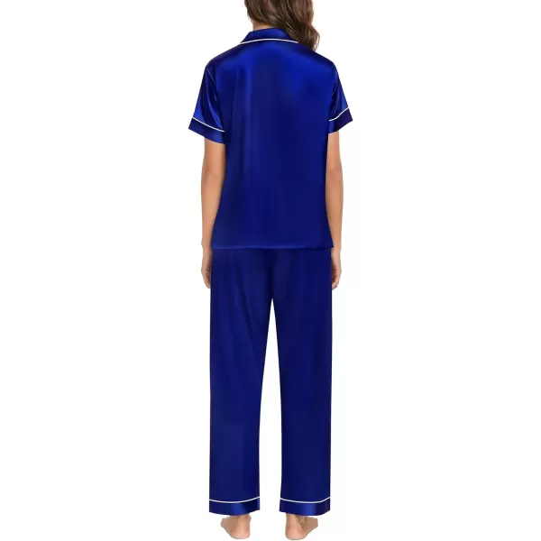 SWOMOG Womens Pajama Sets Silk Satin Sleepwear Short Sleeve and Long Pants Pjs Set Soft Loungewear Classic PajamasNavy Blue