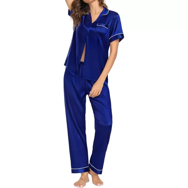 SWOMOG Womens Pajama Sets Silk Satin Sleepwear Short Sleeve and Long Pants Pjs Set Soft Loungewear Classic PajamasNavy Blue