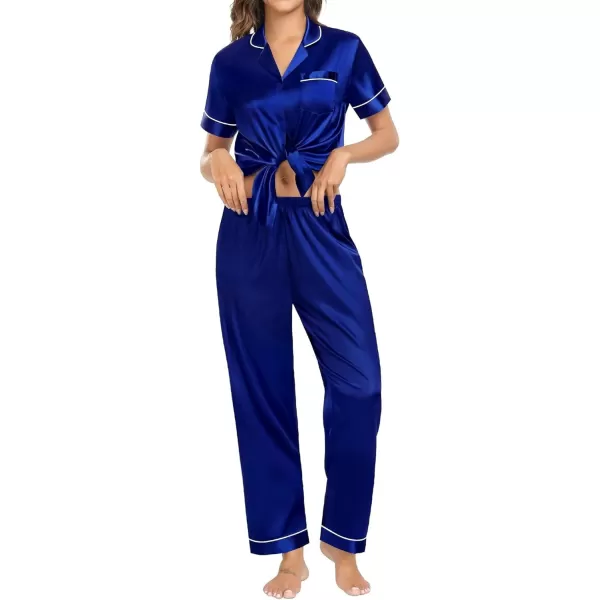 SWOMOG Womens Pajama Sets Silk Satin Sleepwear Short Sleeve and Long Pants Pjs Set Soft Loungewear Classic PajamasNavy Blue