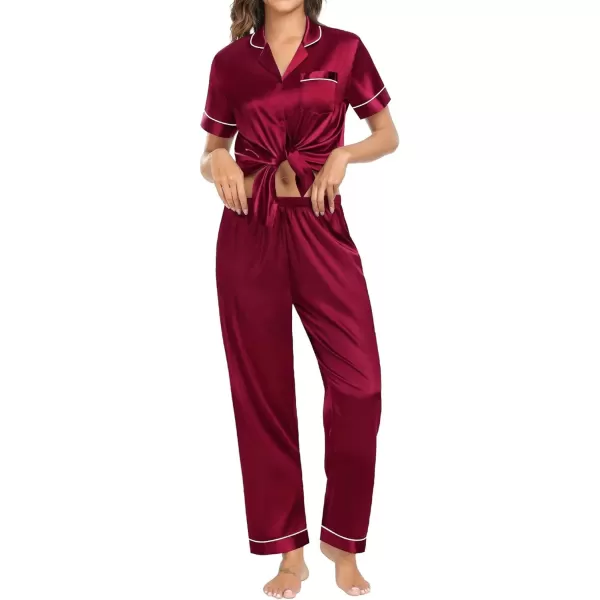 SWOMOG Womens Pajama Sets Silk Satin Sleepwear Short Sleeve and Long Pants Pjs Set Soft Loungewear Classic PajamasWine Red