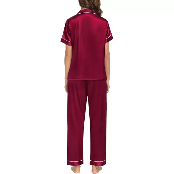 SWOMOG Womens Pajama Sets Silk Satin Sleepwear Short Sleeve and Long Pants Pjs Set Soft Loungewear Classic PajamasWine Red