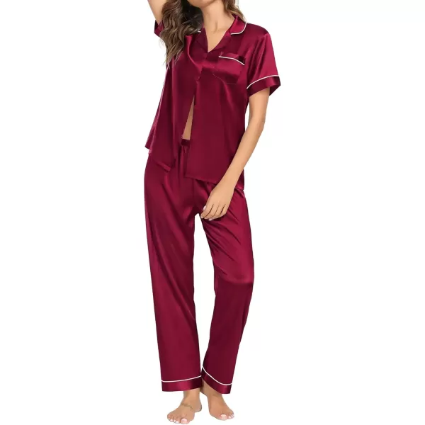 SWOMOG Womens Pajama Sets Silk Satin Sleepwear Short Sleeve and Long Pants Pjs Set Soft Loungewear Classic PajamasWine Red