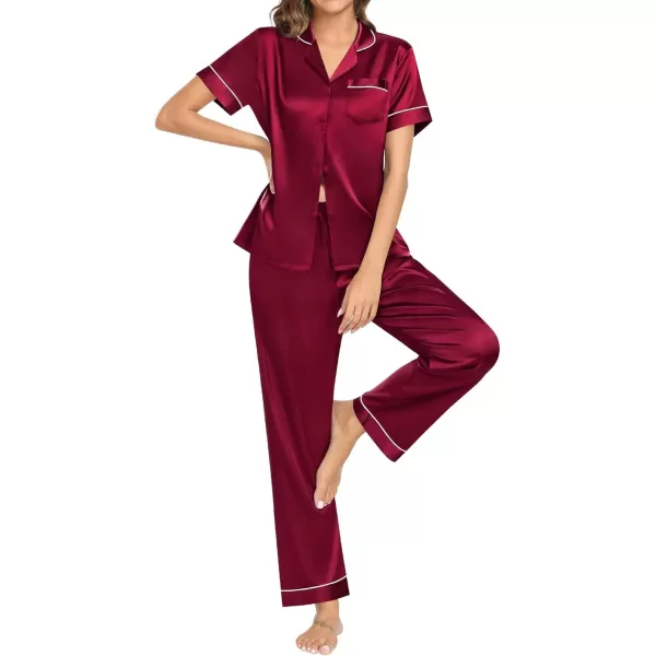 SWOMOG Womens Pajama Sets Silk Satin Sleepwear Short Sleeve and Long Pants Pjs Set Soft Loungewear Classic PajamasWine Red