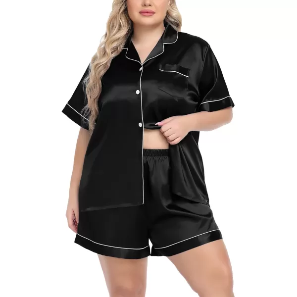 SWOMOG Womens Plus Size Pajama Set Silk Satin Pajamas Button Down Loungewear Short Sleeve Pjs 2 piece Sleepwear 1628WBlack