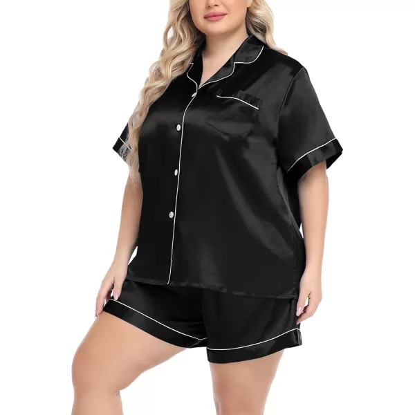 SWOMOG Womens Plus Size Pajama Set Silk Satin Pajamas Button Down Loungewear Short Sleeve Pjs 2 piece Sleepwear 1628WBlack