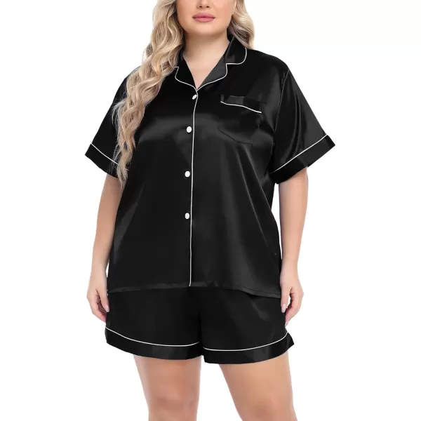 SWOMOG Womens Plus Size Pajama Set Silk Satin Pajamas Button Down Loungewear Short Sleeve Pjs 2 piece Sleepwear 1628WBlack