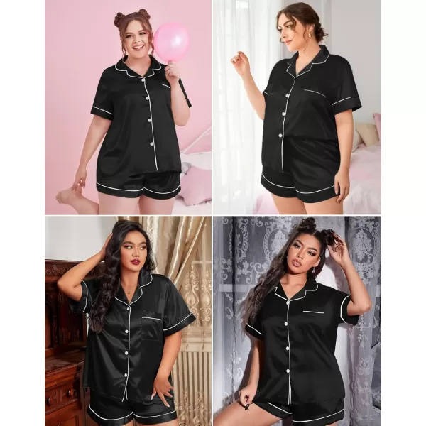 SWOMOG Womens Plus Size Pajama Set Silk Satin Pajamas Button Down Loungewear Short Sleeve Pjs 2 piece Sleepwear 1628WBlack