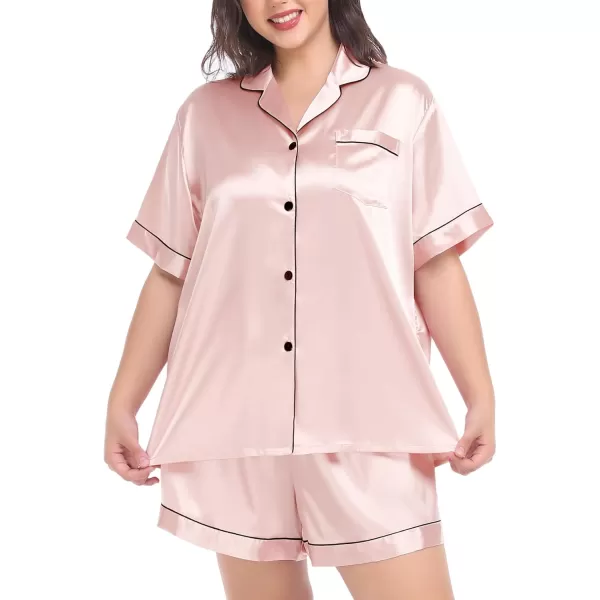 SWOMOG Womens Plus Size Pajama Set Silk Satin Pajamas Button Down Loungewear Short Sleeve Pjs 2 piece Sleepwear 1628WBlush Pink