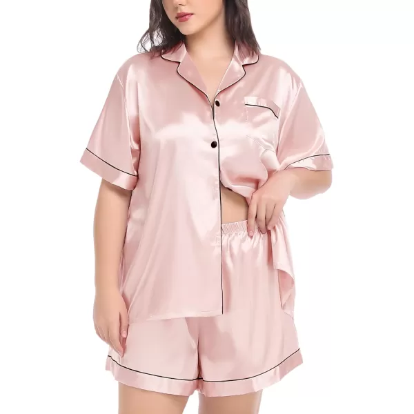 SWOMOG Womens Plus Size Pajama Set Silk Satin Pajamas Button Down Loungewear Short Sleeve Pjs 2 piece Sleepwear 1628WBlush Pink