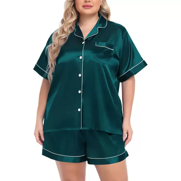 SWOMOG Womens Plus Size Pajama Set Silk Satin Pajamas Button Down Loungewear Short Sleeve Pjs 2 piece Sleepwear 1628WDark Green