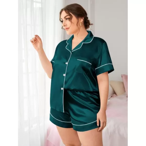 SWOMOG Womens Plus Size Pajama Set Silk Satin Pajamas Button Down Loungewear Short Sleeve Pjs 2 piece Sleepwear 1628WDark Green