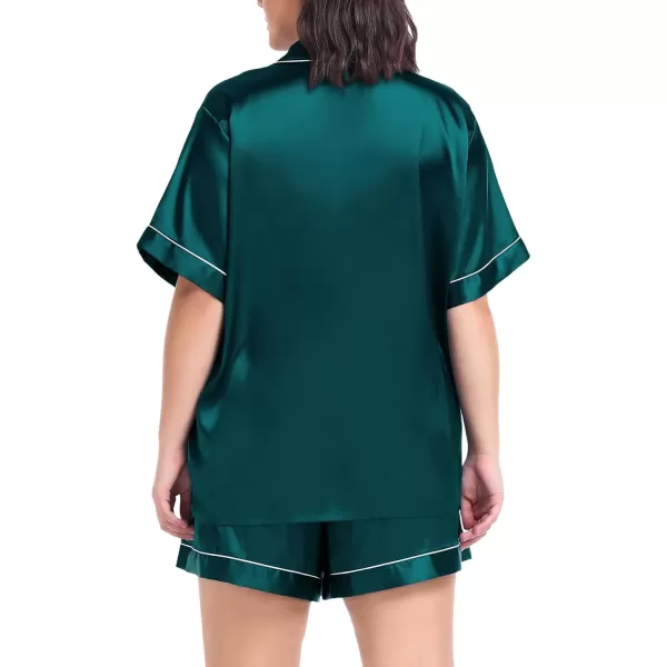 SWOMOG Womens Plus Size Pajama Set Silk Satin Pajamas Button Down Loungewear Short Sleeve Pjs 2 piece Sleepwear 1628WDark Green