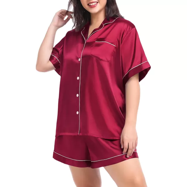 SWOMOG Womens Plus Size Pajama Set Silk Satin Pajamas Button Down Loungewear Short Sleeve Pjs 2 piece Sleepwear 1628WDeep Red