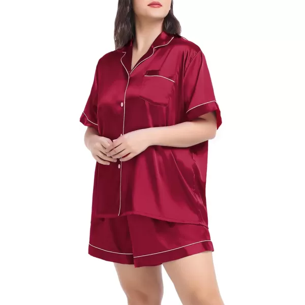 SWOMOG Womens Plus Size Pajama Set Silk Satin Pajamas Button Down Loungewear Short Sleeve Pjs 2 piece Sleepwear 1628WDeep Red