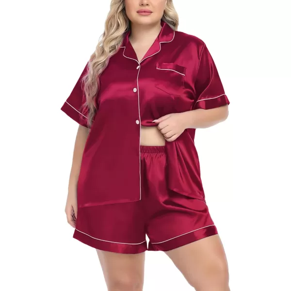 SWOMOG Womens Plus Size Pajama Set Silk Satin Pajamas Button Down Loungewear Short Sleeve Pjs 2 piece Sleepwear 1628WDeep Red