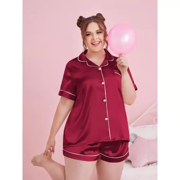 SWOMOG Womens Plus Size Pajama Set Silk Satin Pajamas Button Down Loungewear Short Sleeve Pjs 2 piece Sleepwear 1628WDeep Red