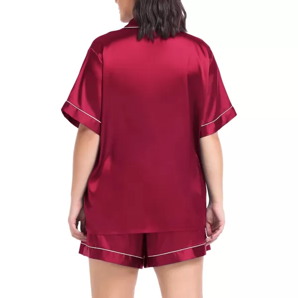 SWOMOG Womens Plus Size Pajama Set Silk Satin Pajamas Button Down Loungewear Short Sleeve Pjs 2 piece Sleepwear 1628WDeep Red