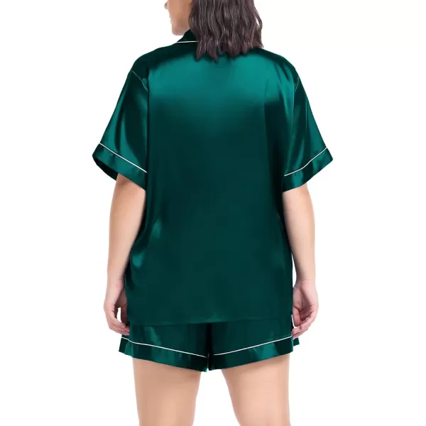 SWOMOG Womens Plus Size Pajama Set Silk Satin Pajamas Button Down Loungewear Short Sleeve Pjs 2 piece Sleepwear 1628WGreen