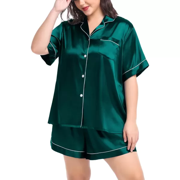 SWOMOG Womens Plus Size Pajama Set Silk Satin Pajamas Button Down Loungewear Short Sleeve Pjs 2 piece Sleepwear 1628WGreen