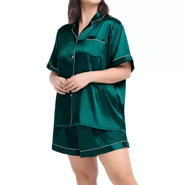 SWOMOG Womens Plus Size Pajama Set Silk Satin Pajamas Button Down Loungewear Short Sleeve Pjs 2 piece Sleepwear 1628WGreen