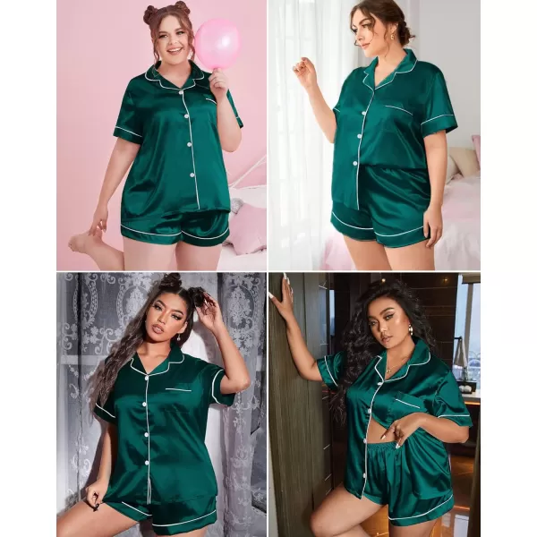 SWOMOG Womens Plus Size Pajama Set Silk Satin Pajamas Button Down Loungewear Short Sleeve Pjs 2 piece Sleepwear 1628WGreen