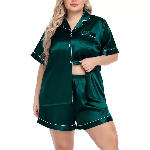 SWOMOG Womens Plus Size Pajama Set Silk Satin Pajamas Button Down Loungewear Short Sleeve Pjs 2 piece Sleepwear 1628WGreen