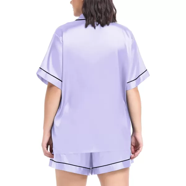 SWOMOG Womens Plus Size Pajama Set Silk Satin Pajamas Button Down Loungewear Short Sleeve Pjs 2 piece Sleepwear 1628WLavender