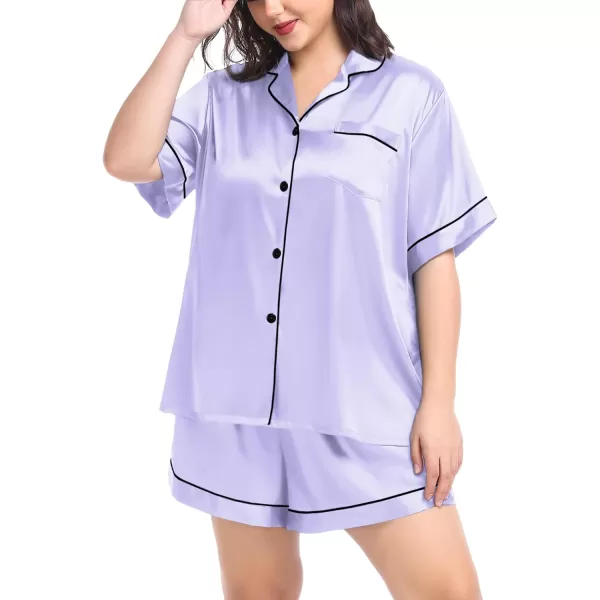 SWOMOG Womens Plus Size Pajama Set Silk Satin Pajamas Button Down Loungewear Short Sleeve Pjs 2 piece Sleepwear 1628WLavender