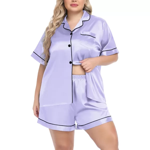 SWOMOG Womens Plus Size Pajama Set Silk Satin Pajamas Button Down Loungewear Short Sleeve Pjs 2 piece Sleepwear 1628WLavender