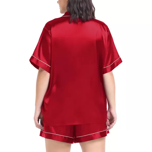 SWOMOG Womens Plus Size Pajama Set Silk Satin Pajamas Button Down Loungewear Short Sleeve Pjs 2 piece Sleepwear 1628WLight Red