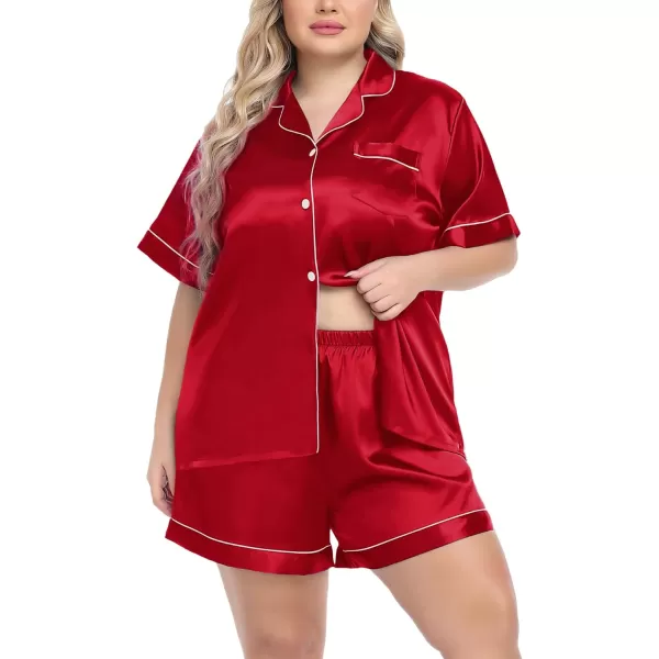 SWOMOG Womens Plus Size Pajama Set Silk Satin Pajamas Button Down Loungewear Short Sleeve Pjs 2 piece Sleepwear 1628WLight Red