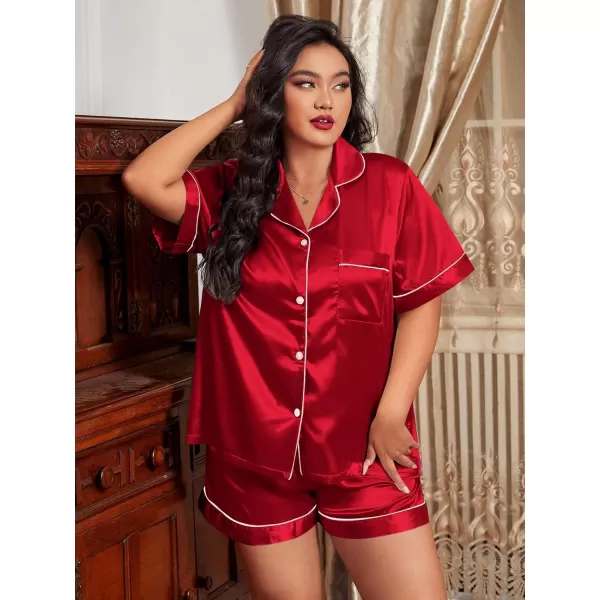 SWOMOG Womens Plus Size Pajama Set Silk Satin Pajamas Button Down Loungewear Short Sleeve Pjs 2 piece Sleepwear 1628WLight Red