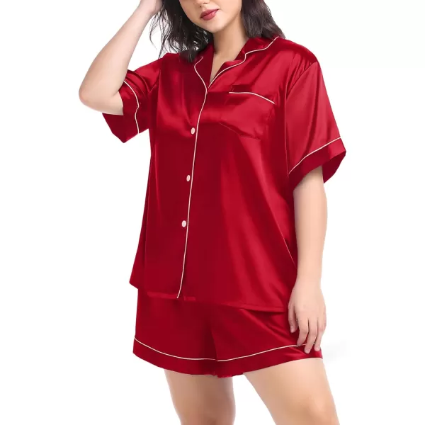 SWOMOG Womens Plus Size Pajama Set Silk Satin Pajamas Button Down Loungewear Short Sleeve Pjs 2 piece Sleepwear 1628WLight Red