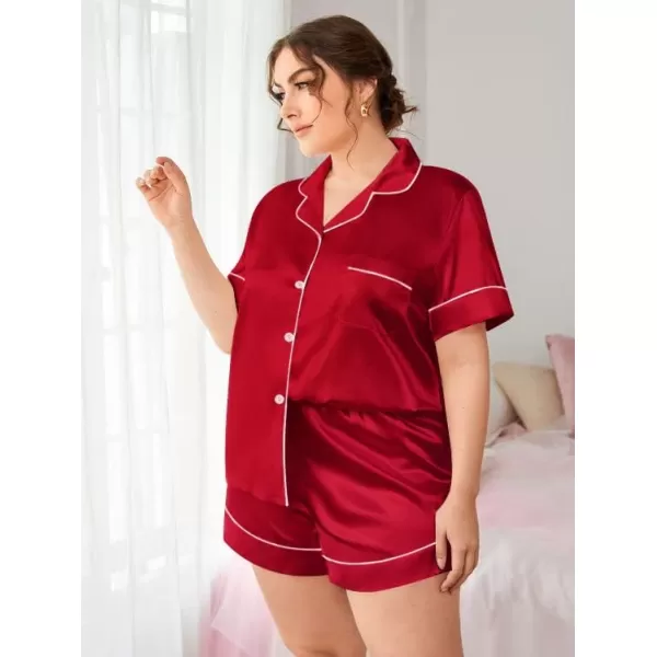 SWOMOG Womens Plus Size Pajama Set Silk Satin Pajamas Button Down Loungewear Short Sleeve Pjs 2 piece Sleepwear 1628WLight Red