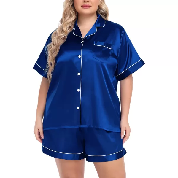 SWOMOG Womens Plus Size Pajama Set Silk Satin Pajamas Button Down Loungewear Short Sleeve Pjs 2 piece Sleepwear 1628WNavy Blue