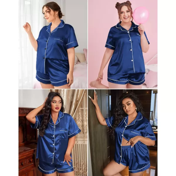 SWOMOG Womens Plus Size Pajama Set Silk Satin Pajamas Button Down Loungewear Short Sleeve Pjs 2 piece Sleepwear 1628WNavy Blue